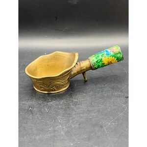 Vtg Asian‎ Brass Pot Cup Cloisonne Enamel Floral Handle Dragon Coal Pan 4.5"